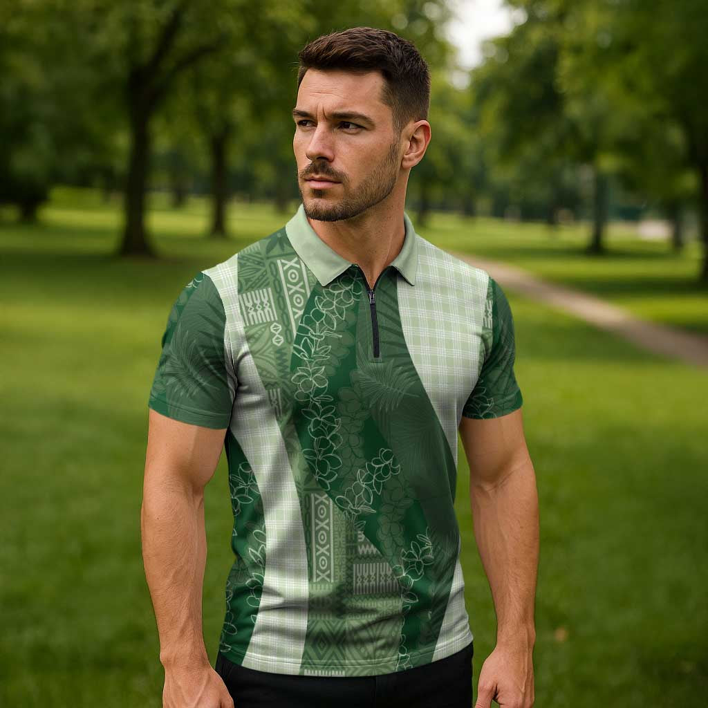 Polynesian Tribal Pattern Patchwork Picturesque Zipper Polo Shirt Sage Green
