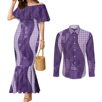 Polynesian Tribal Pattern Patchwork Picturesque Couples Matching Mermaid Dress and Long Sleeve Button Shirt Deep Violet