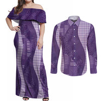 Polynesian Tribal Pattern Patchwork Picturesque Couples Matching Off Shoulder Maxi Dress and Long Sleeve Button Shirt Deep Violet