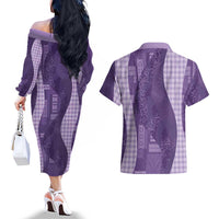 Polynesian Tribal Pattern Patchwork Picturesque Couples Matching Off The Shoulder Long Sleeve Dress and Hawaiian Shirt Deep Violet