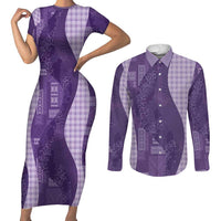 Polynesian Tribal Pattern Patchwork Picturesque Couples Matching Short Sleeve Bodycon Dress and Long Sleeve Button Shirt Deep Violet