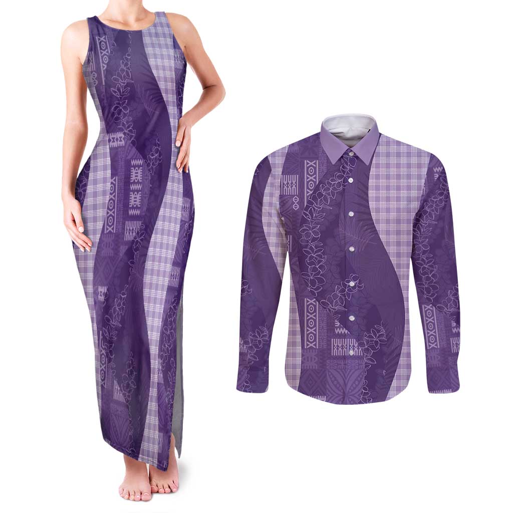 Polynesian Tribal Pattern Patchwork Picturesque Couples Matching Tank Maxi Dress and Long Sleeve Button Shirt Deep Violet