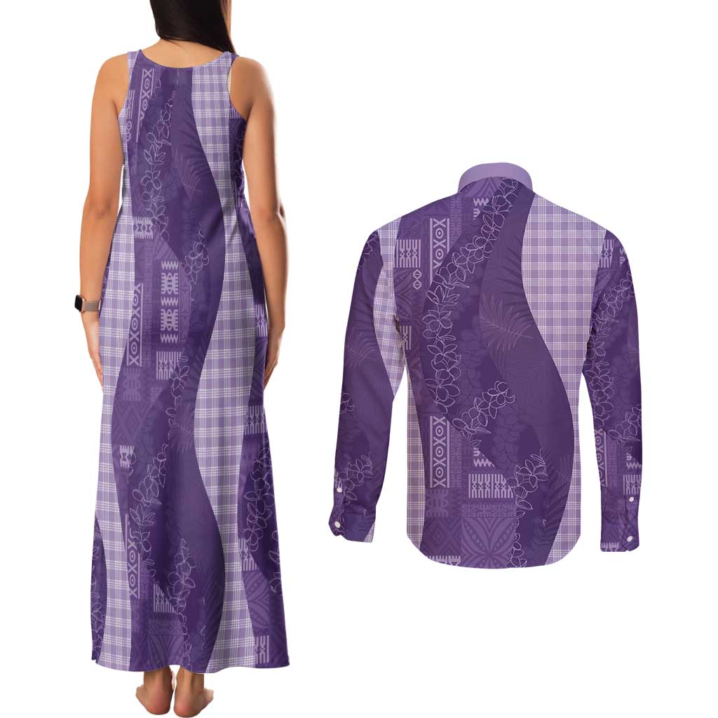 Polynesian Tribal Pattern Patchwork Picturesque Couples Matching Tank Maxi Dress and Long Sleeve Button Shirt Deep Violet