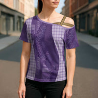 Polynesian Tribal Pattern Patchwork Picturesque Cross Shoulder Shirt Deep Violet