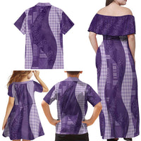 Polynesian Tribal Pattern Patchwork Picturesque Family Matching Off Shoulder Maxi Dress and Hawaiian Shirt Deep Violet