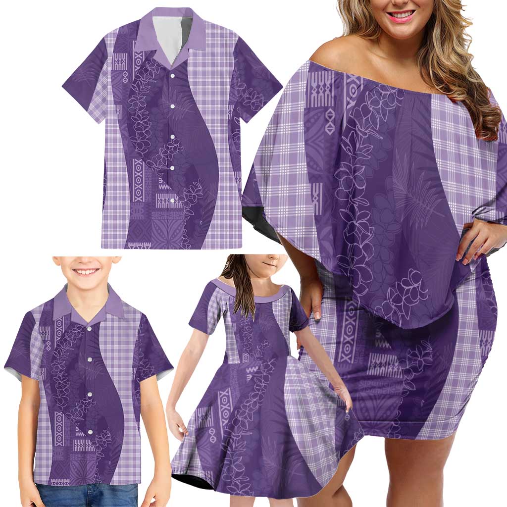 Polynesian Tribal Pattern Patchwork Picturesque Family Matching Off Shoulder Short Dress and Hawaiian Shirt Deep Violet