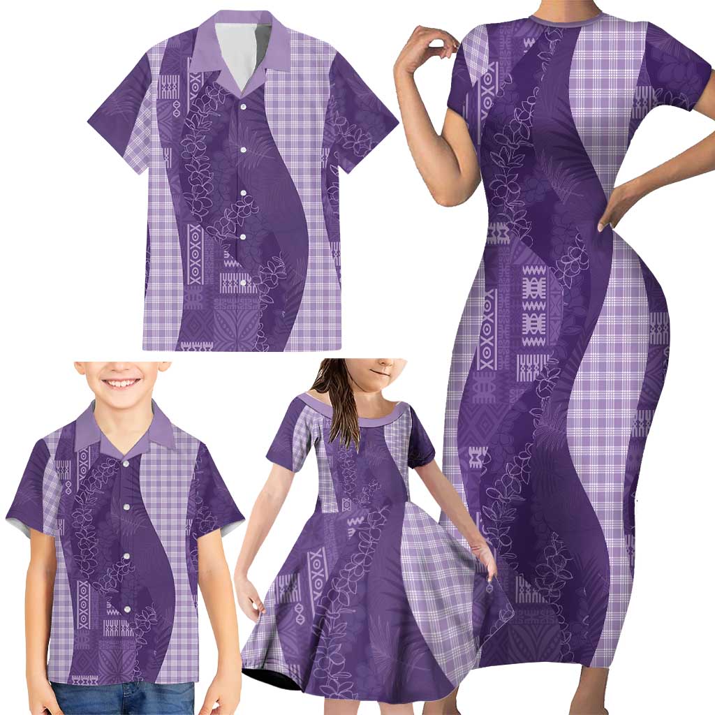 Polynesian Tribal Pattern Patchwork Picturesque Family Matching Short Sleeve Bodycon Dress and Hawaiian Shirt Deep Violet