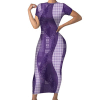 Polynesian Tribal Pattern Patchwork Picturesque Family Matching Short Sleeve Bodycon Dress and Hawaiian Shirt Deep Violet