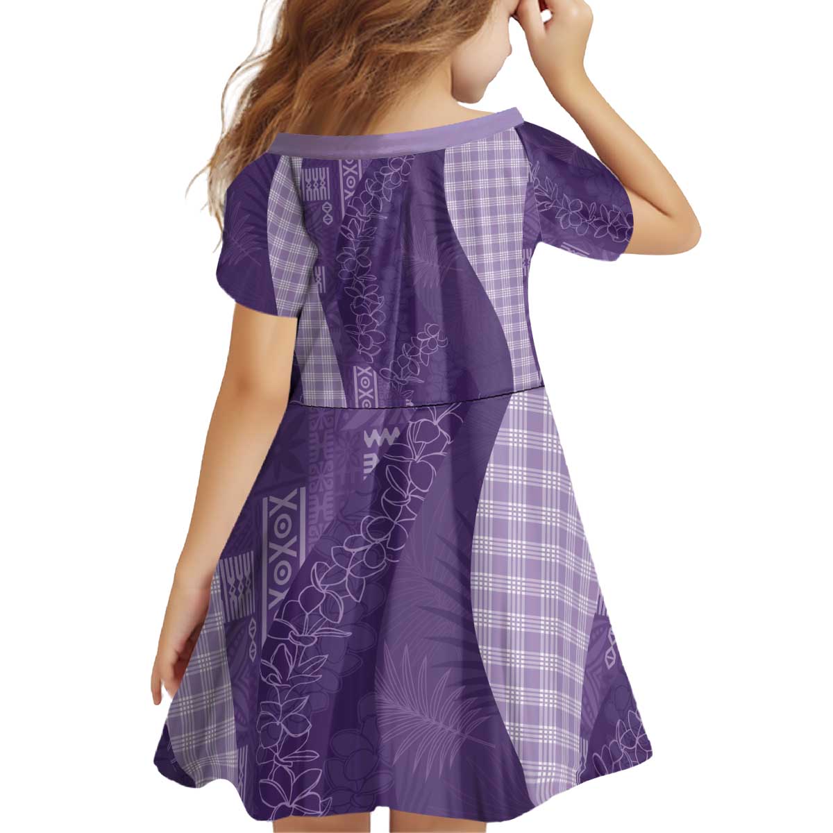 Polynesian Tribal Pattern Patchwork Picturesque Kid Short Sleeve Dress Deep Violet