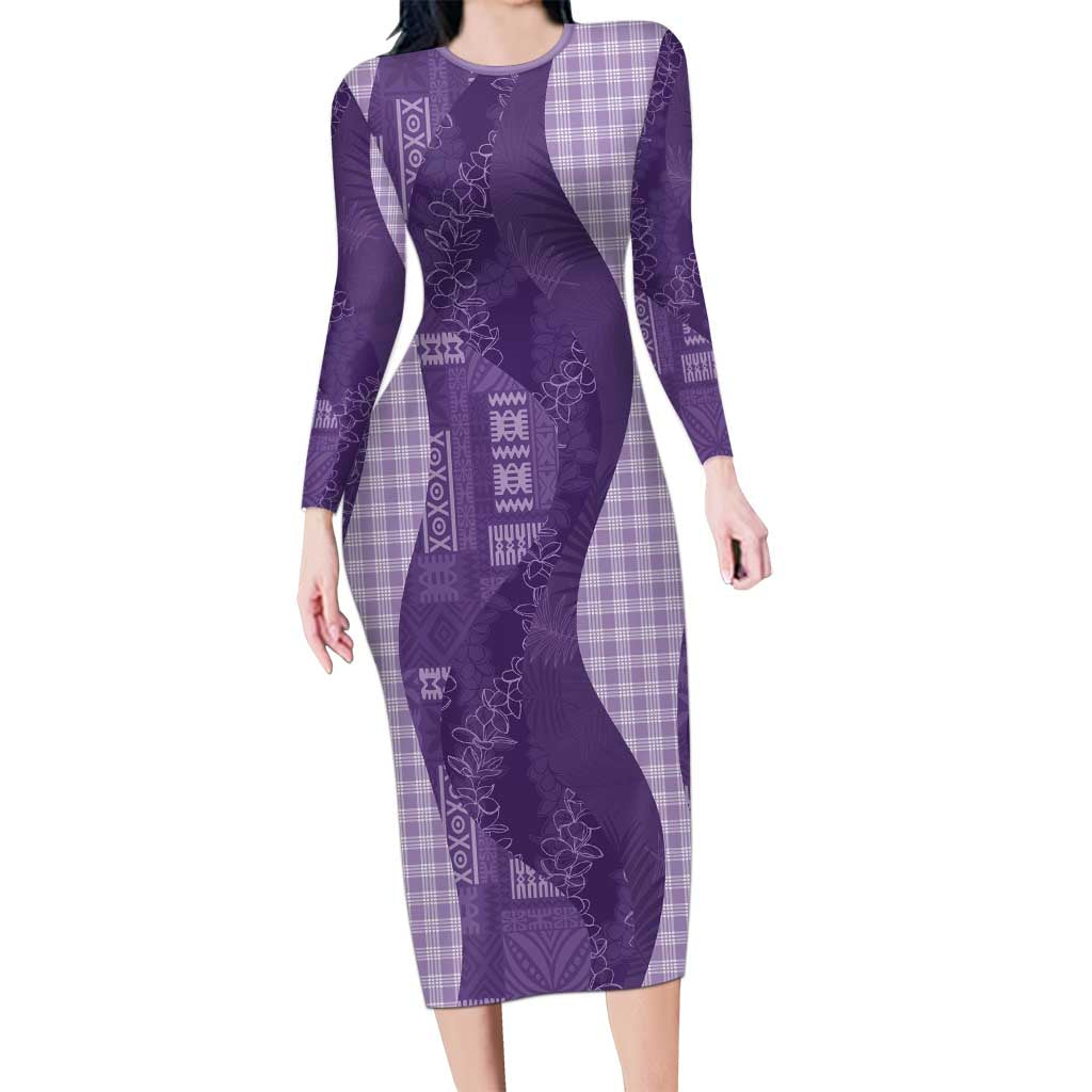 Polynesian Tribal Pattern Patchwork Picturesque Long Sleeve Bodycon Dress Deep Violet