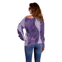 Polynesian Tribal Pattern Patchwork Picturesque Off Shoulder Sweater Deep Violet