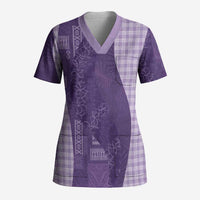 Polynesian Tribal Pattern Patchwork Picturesque Scrub Top Deep Violet