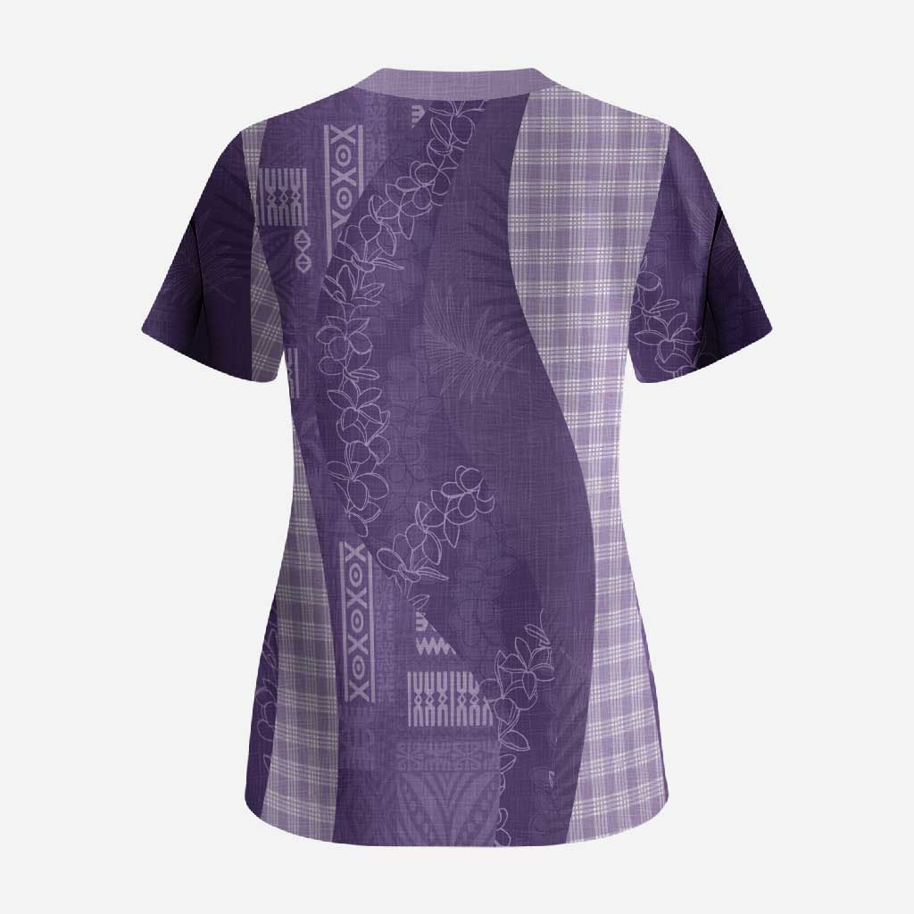 Polynesian Tribal Pattern Patchwork Picturesque Scrub Top Deep Violet