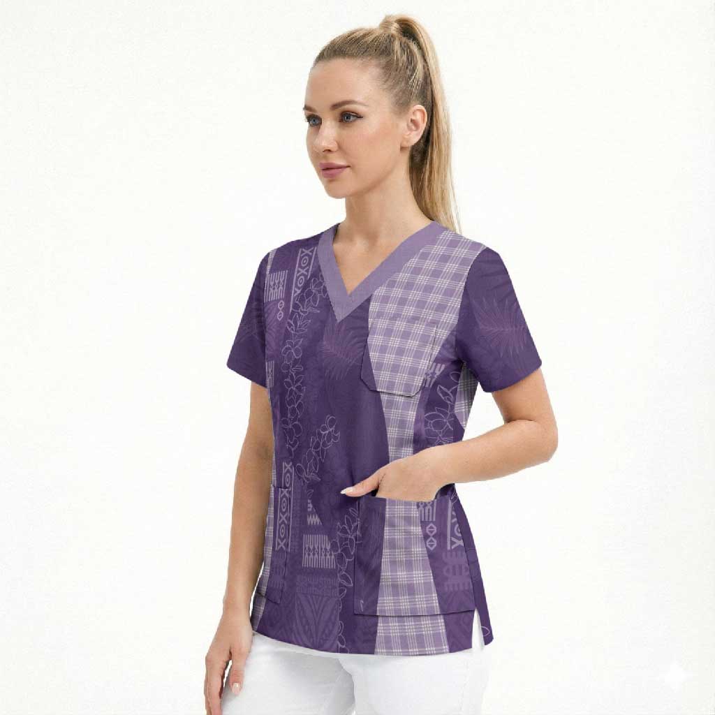 Polynesian Tribal Pattern Patchwork Picturesque Scrub Top Deep Violet