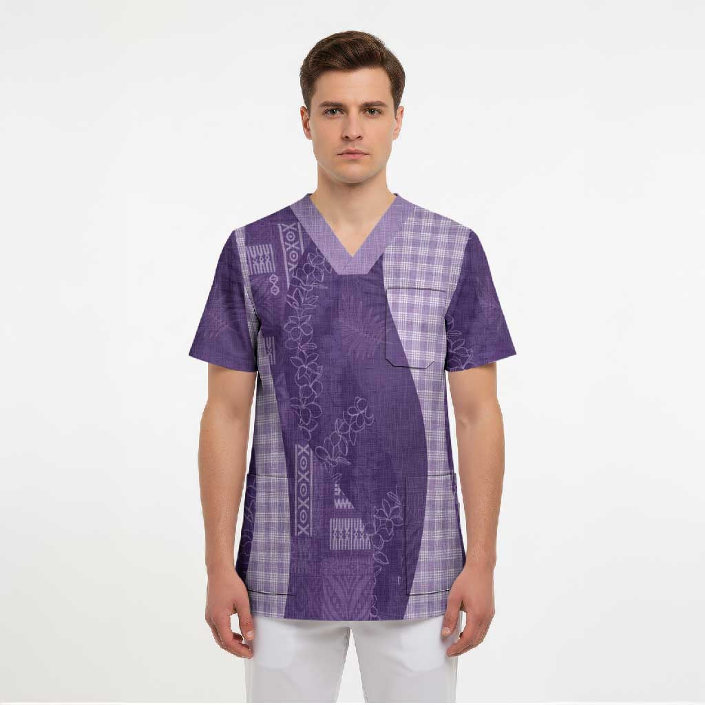 Polynesian Tribal Pattern Patchwork Picturesque Scrub Top Deep Violet