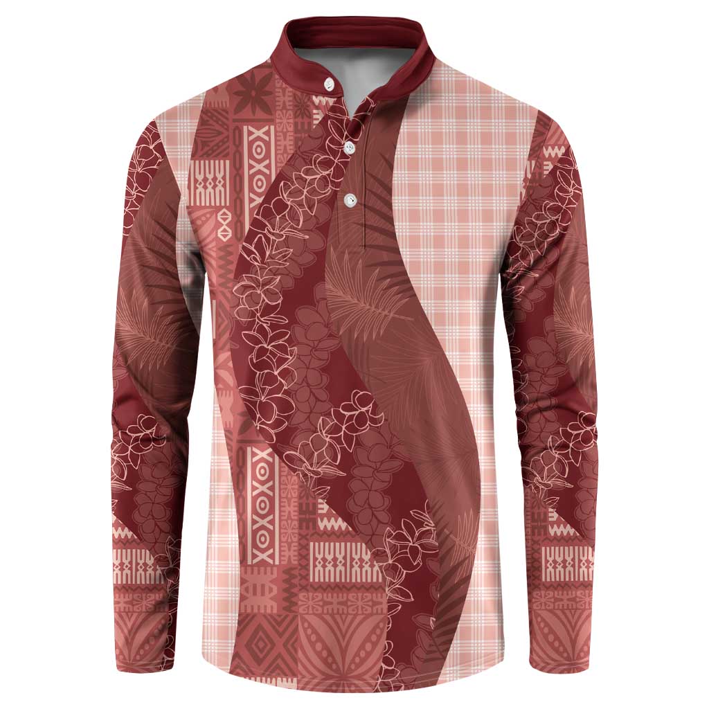 Polynesian Tribal Pattern Patchwork Picturesque Button Sweatshirt Crimson
