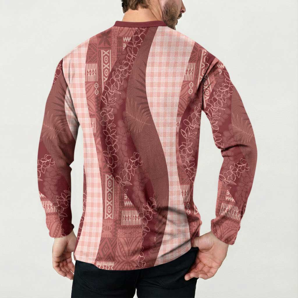 Polynesian Tribal Pattern Patchwork Picturesque Button Sweatshirt Crimson