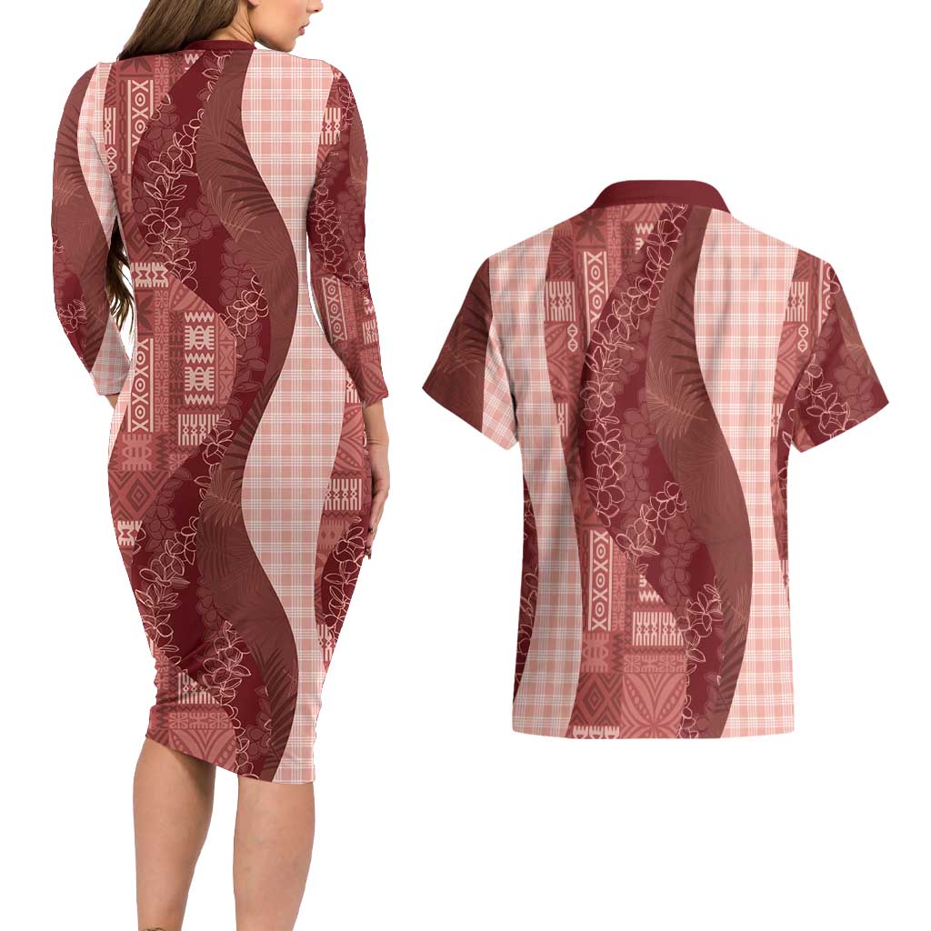 Polynesian Tribal Pattern Patchwork Picturesque Couples Matching Long Sleeve Bodycon Dress and Hawaiian Shirt Crimson