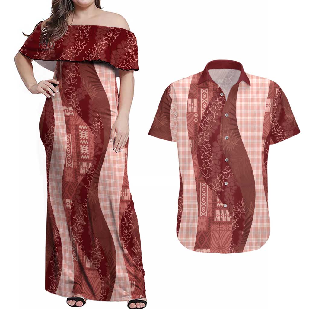 Polynesian Tribal Pattern Patchwork Picturesque Couples Matching Off Shoulder Maxi Dress and Hawaiian Shirt Crimson