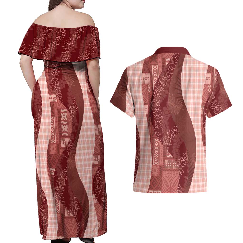 Polynesian Tribal Pattern Patchwork Picturesque Couples Matching Off Shoulder Maxi Dress and Hawaiian Shirt Crimson