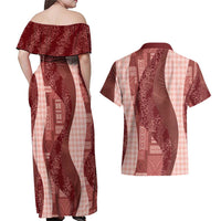 Polynesian Tribal Pattern Patchwork Picturesque Couples Matching Off Shoulder Maxi Dress and Hawaiian Shirt Crimson