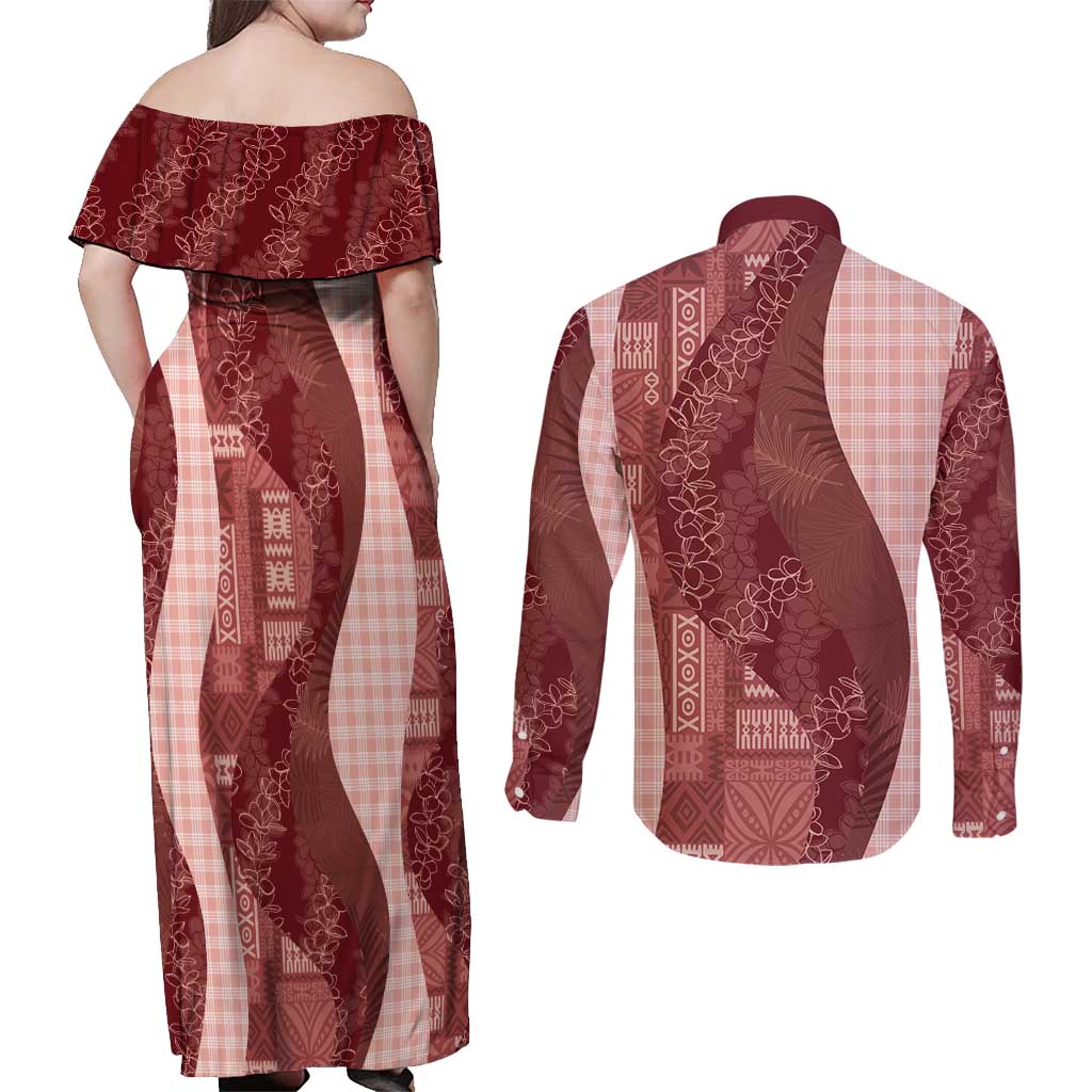 Polynesian Tribal Pattern Patchwork Picturesque Couples Matching Off Shoulder Maxi Dress and Long Sleeve Button Shirt Crimson