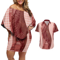 Polynesian Tribal Pattern Patchwork Picturesque Couples Matching Off Shoulder Short Dress and Hawaiian Shirt Crimson