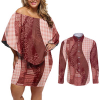 Polynesian Tribal Pattern Patchwork Picturesque Couples Matching Off Shoulder Short Dress and Long Sleeve Button Shirt Crimson