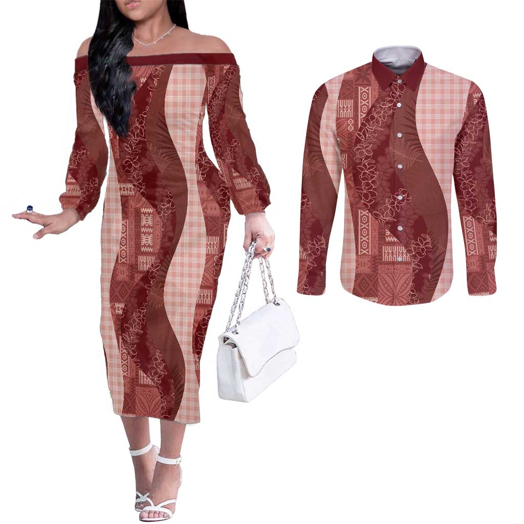 Polynesian Tribal Pattern Patchwork Picturesque Couples Matching Off The Shoulder Long Sleeve Dress and Long Sleeve Button Shirt Crimson
