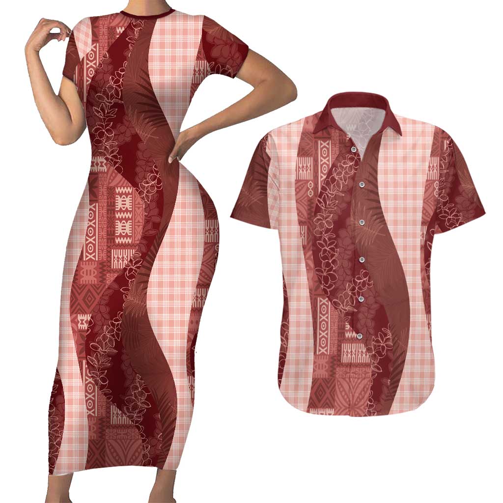 Polynesian Tribal Pattern Patchwork Picturesque Couples Matching Short Sleeve Bodycon Dress and Hawaiian Shirt Crimson
