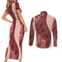 Polynesian Tribal Pattern Patchwork Picturesque Couples Matching Short Sleeve Bodycon Dress and Long Sleeve Button Shirt Crimson