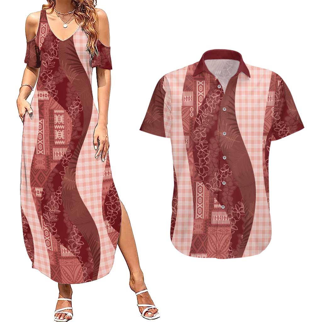 Polynesian Tribal Pattern Patchwork Picturesque Couples Matching Summer Maxi Dress and Hawaiian Shirt Crimson