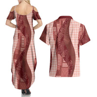 Polynesian Tribal Pattern Patchwork Picturesque Couples Matching Summer Maxi Dress and Hawaiian Shirt Crimson