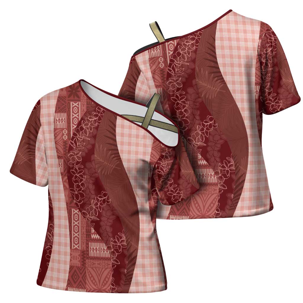 Polynesian Tribal Pattern Patchwork Picturesque Cross Shoulder Shirt Crimson