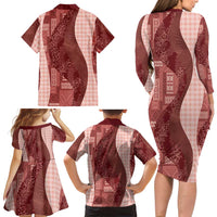 Polynesian Tribal Pattern Patchwork Picturesque Family Matching Long Sleeve Bodycon Dress and Hawaiian Shirt Crimson