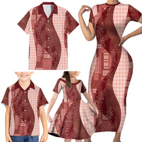 Polynesian Tribal Pattern Patchwork Picturesque Family Matching Short Sleeve Bodycon Dress and Hawaiian Shirt Crimson