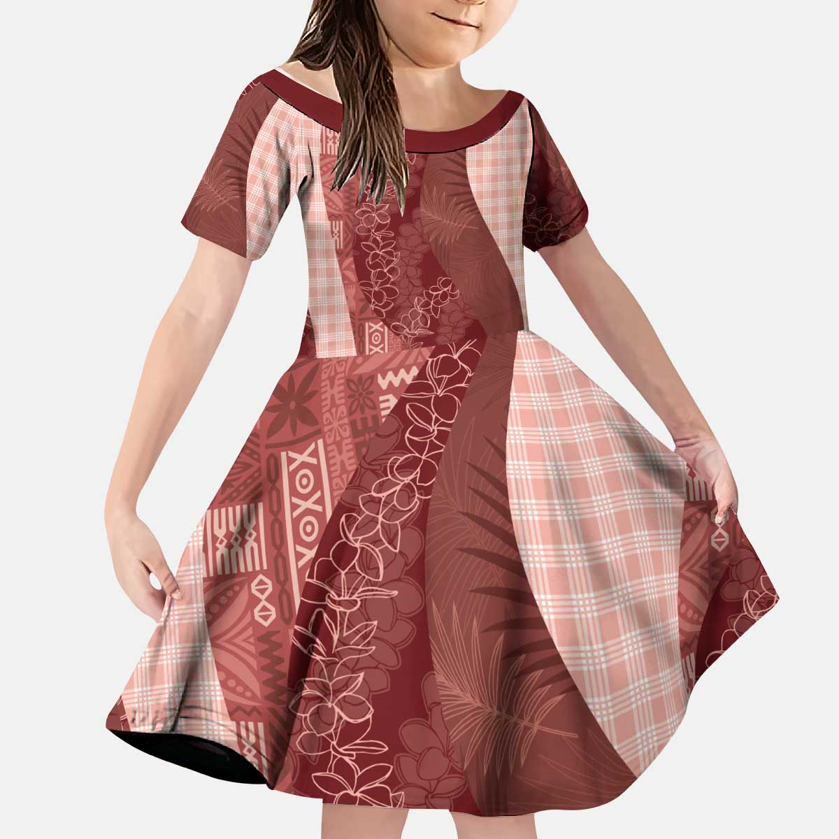 Polynesian Tribal Pattern Patchwork Picturesque Kid Short Sleeve Dress Crimson