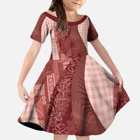 Polynesian Tribal Pattern Patchwork Picturesque Kid Short Sleeve Dress Crimson