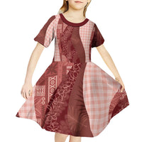 Polynesian Tribal Pattern Patchwork Picturesque Kid Short Sleeve Dress Crimson