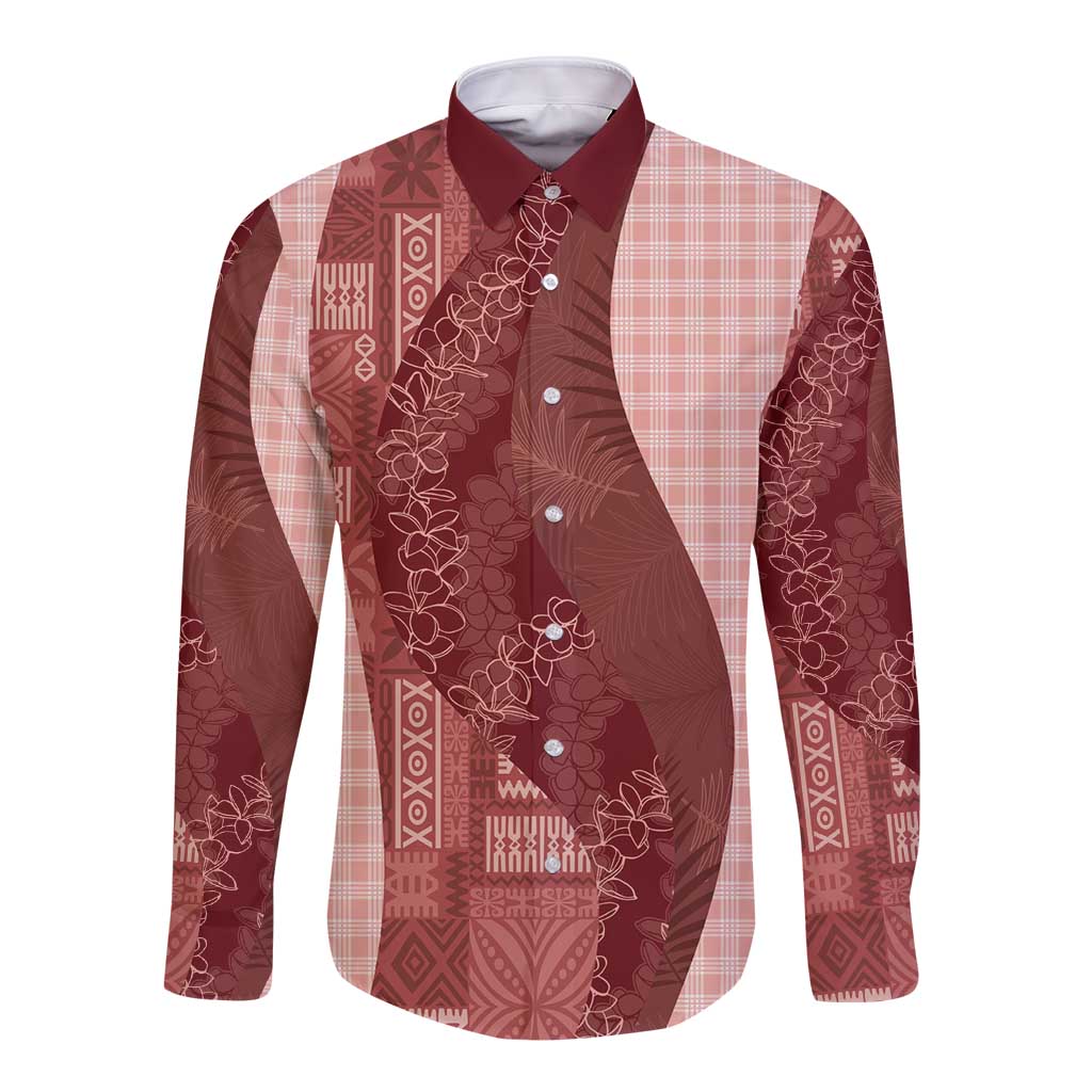 Polynesian Tribal Pattern Patchwork Picturesque Long Sleeve Button Shirt Crimson