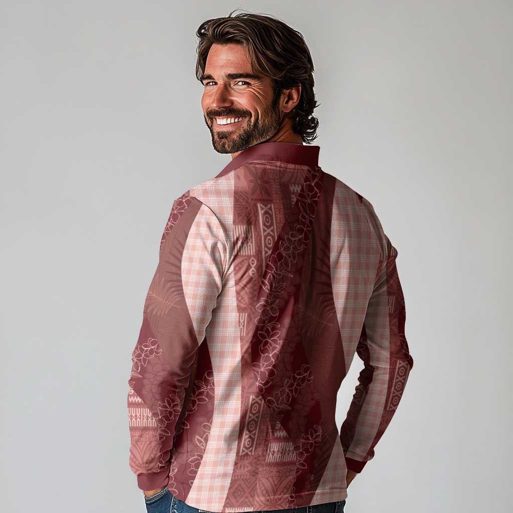 Polynesian Tribal Pattern Patchwork Picturesque Long Sleeve Polo Shirt Crimson