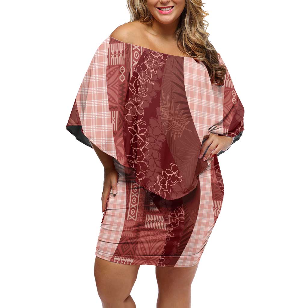Polynesian Tribal Pattern Patchwork Picturesque Off Shoulder Short Dress Crimson