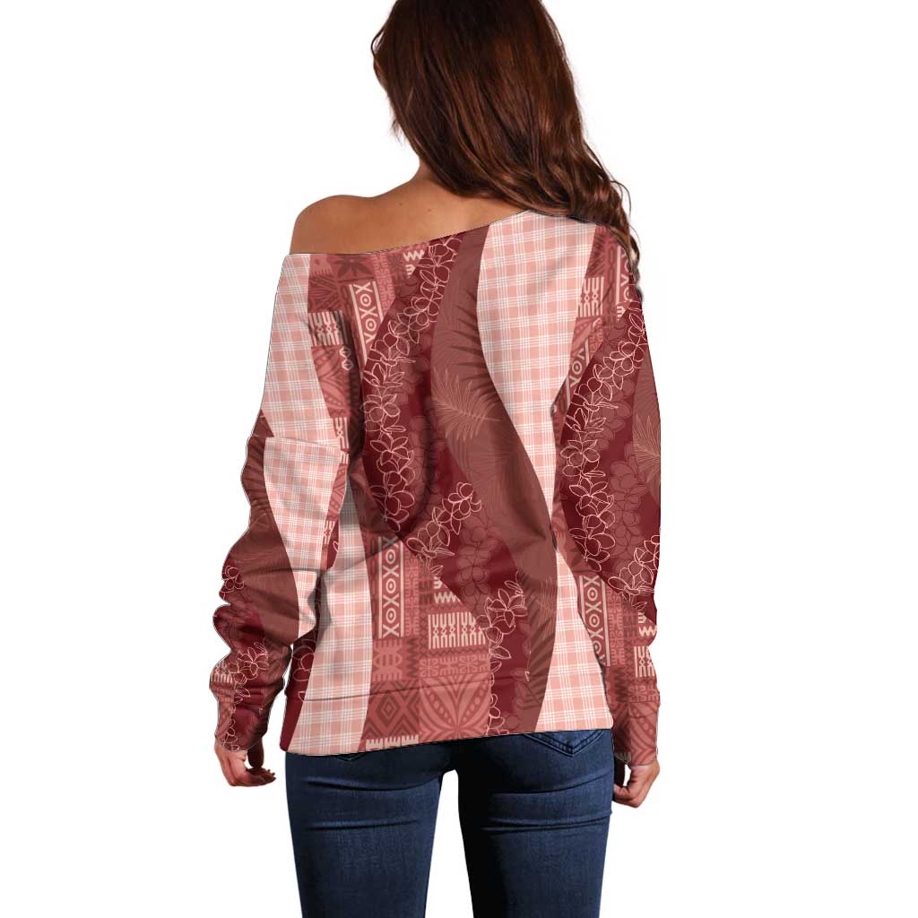 Polynesian Tribal Pattern Patchwork Picturesque Off Shoulder Sweater Crimson
