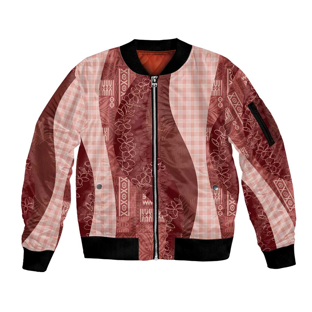 Polynesian Tribal Pattern Patchwork Picturesque Sleeve Zip Bomber Jacket Crimson