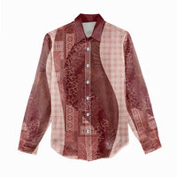 Polynesian Tribal Pattern Patchwork Picturesque Women Casual Shirt Crimson