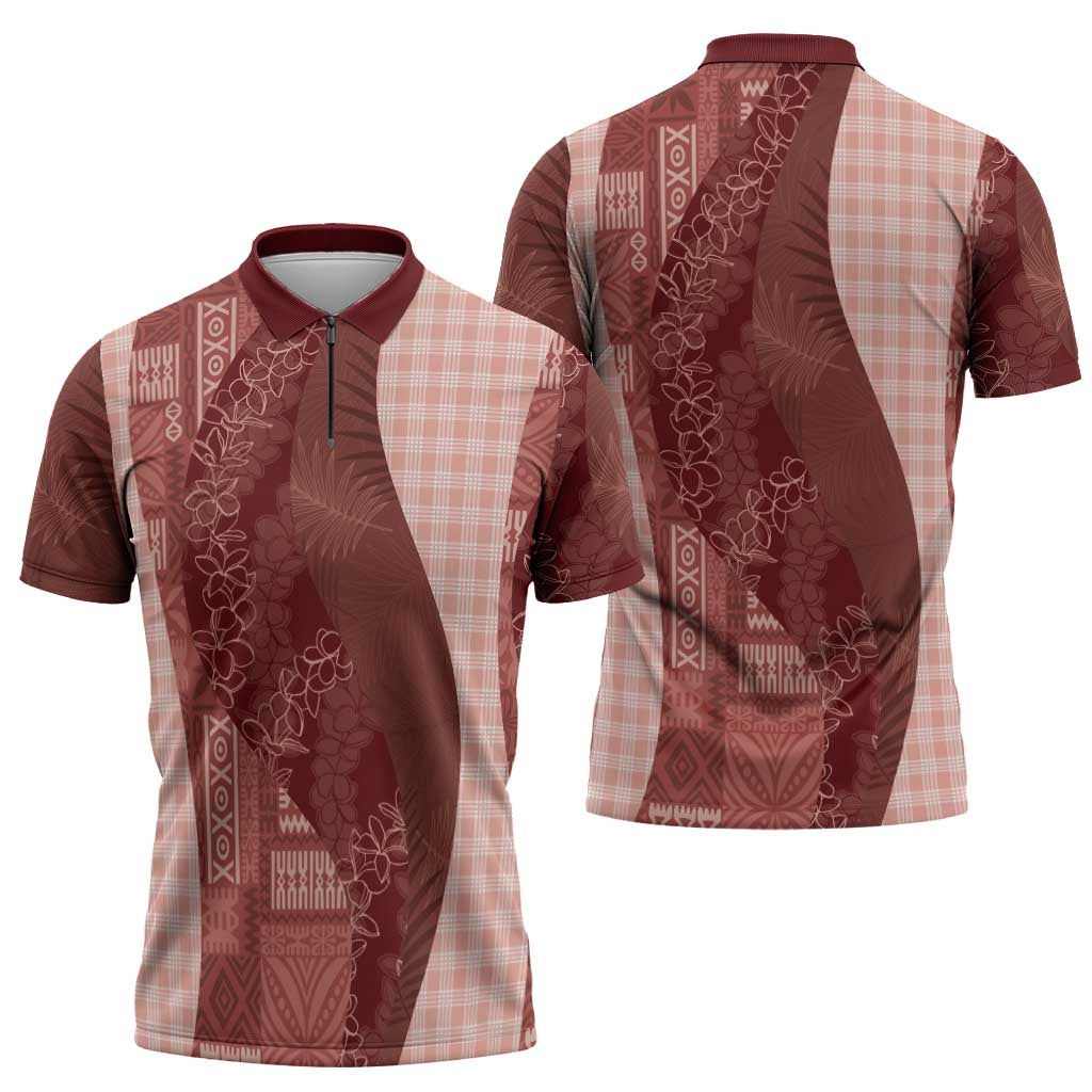 Polynesian Tribal Pattern Patchwork Picturesque Zipper Polo Shirt Crimson