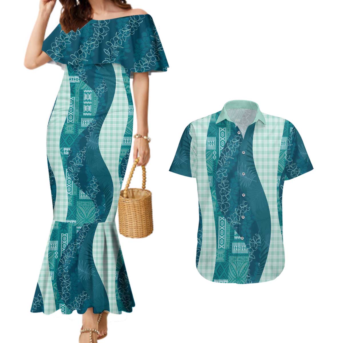 Polynesian Tribal Pattern Patchwork Picturesque Couples Matching Mermaid Dress and Hawaiian Shirt Oceanic