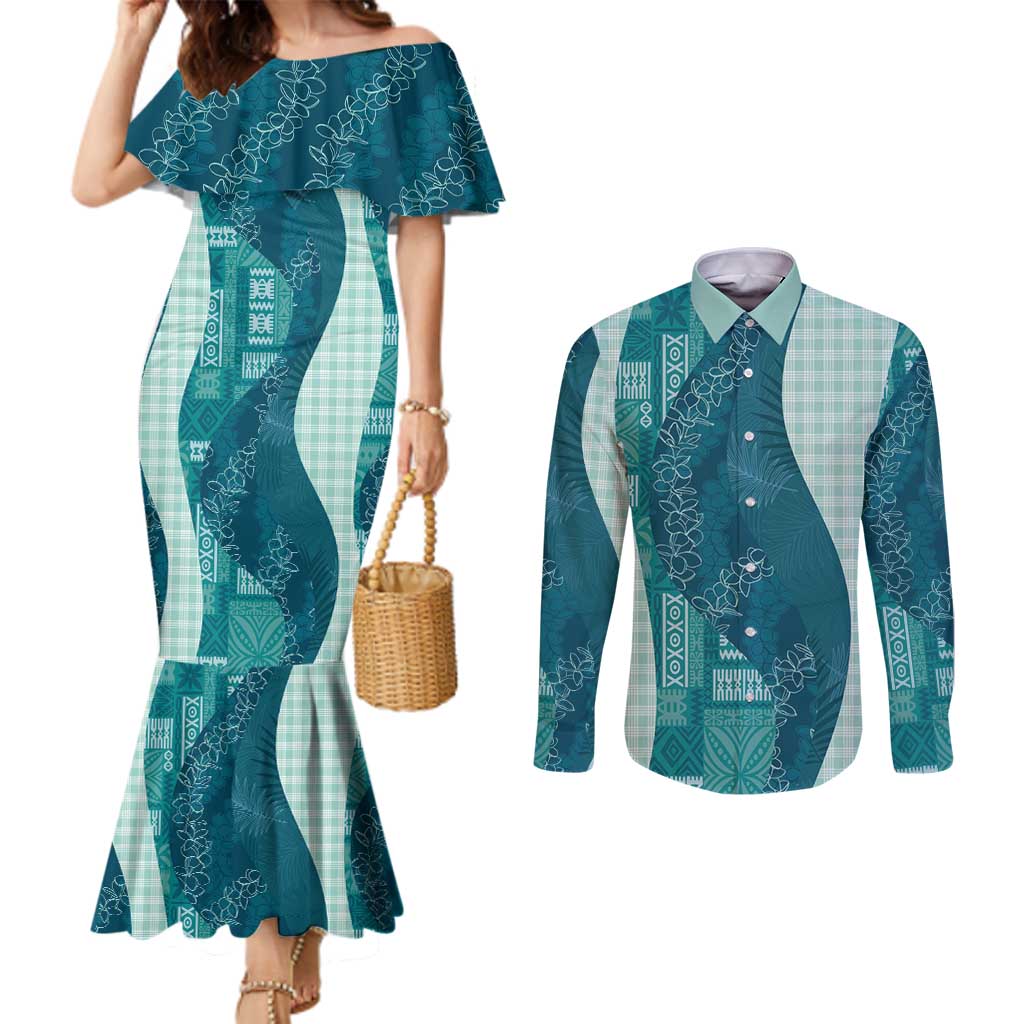 Polynesian Tribal Pattern Patchwork Picturesque Couples Matching Mermaid Dress and Long Sleeve Button Shirt Oceanic