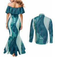 Polynesian Tribal Pattern Patchwork Picturesque Couples Matching Mermaid Dress and Long Sleeve Button Shirt Oceanic