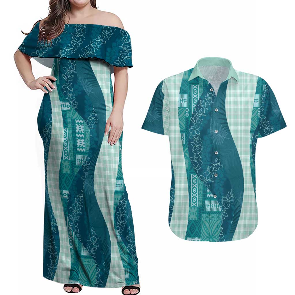 Polynesian Tribal Pattern Patchwork Picturesque Couples Matching Off Shoulder Maxi Dress and Hawaiian Shirt Oceanic